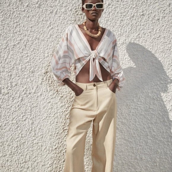Zara Tops - Zara Striped Linen Blend Tie Crop Top